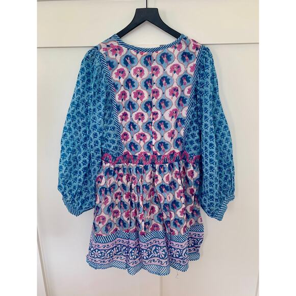 Oliphant Tie Front Balloon Mini Dress Iris Blue Medium Floral Print Long Sleeve - Picture 3 of 5